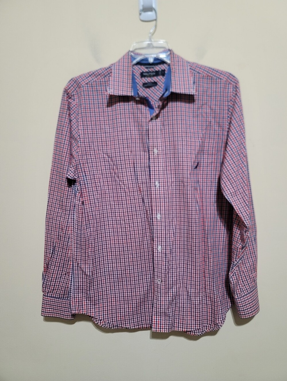 Nautica Classic Men’s Red & Blue Check Button-Up Slim Fit Shirt Size Large